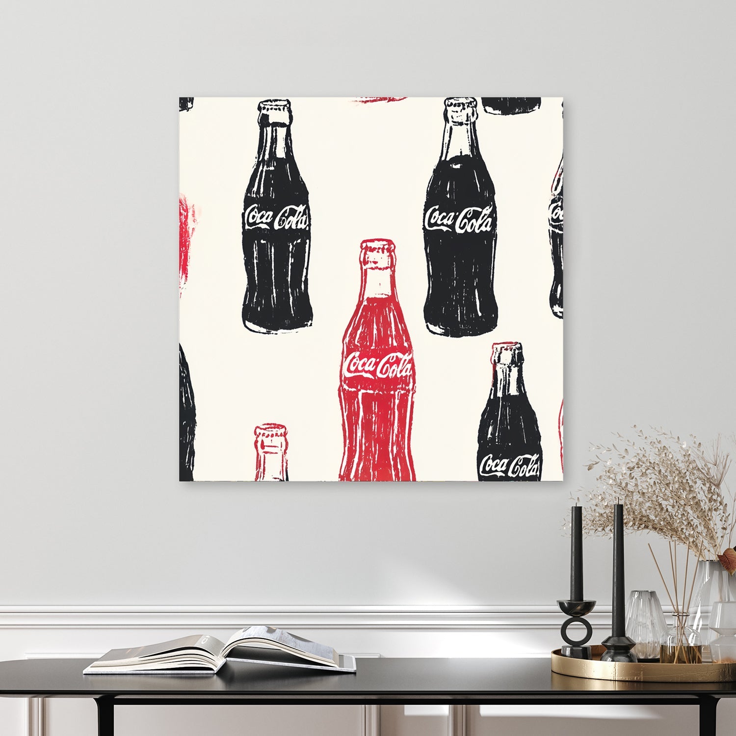 pop art wall art featuring repeated Coca-Cola bottles in red and black