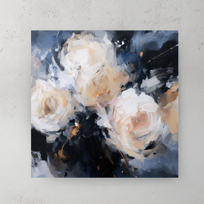 abstract floral wall art with cream roses on a dark navy background