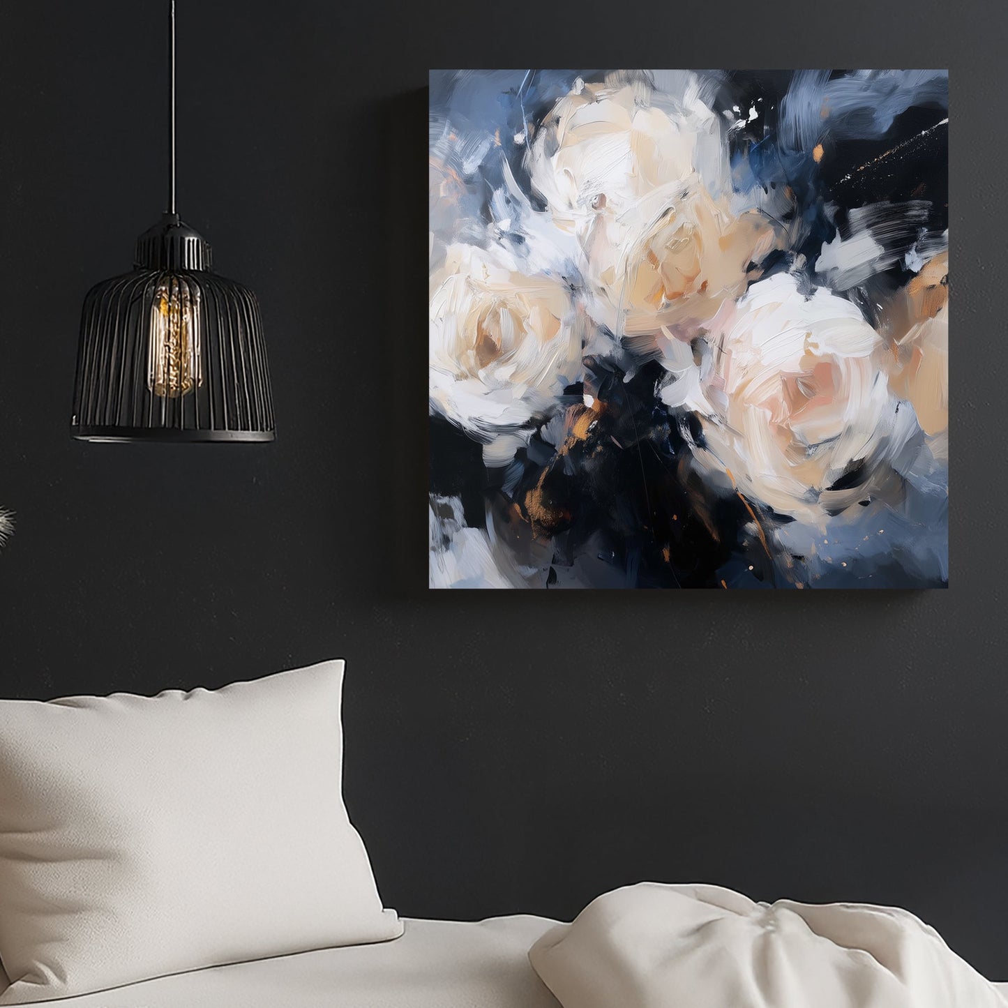abstract floral wall art with cream roses on a dark navy background