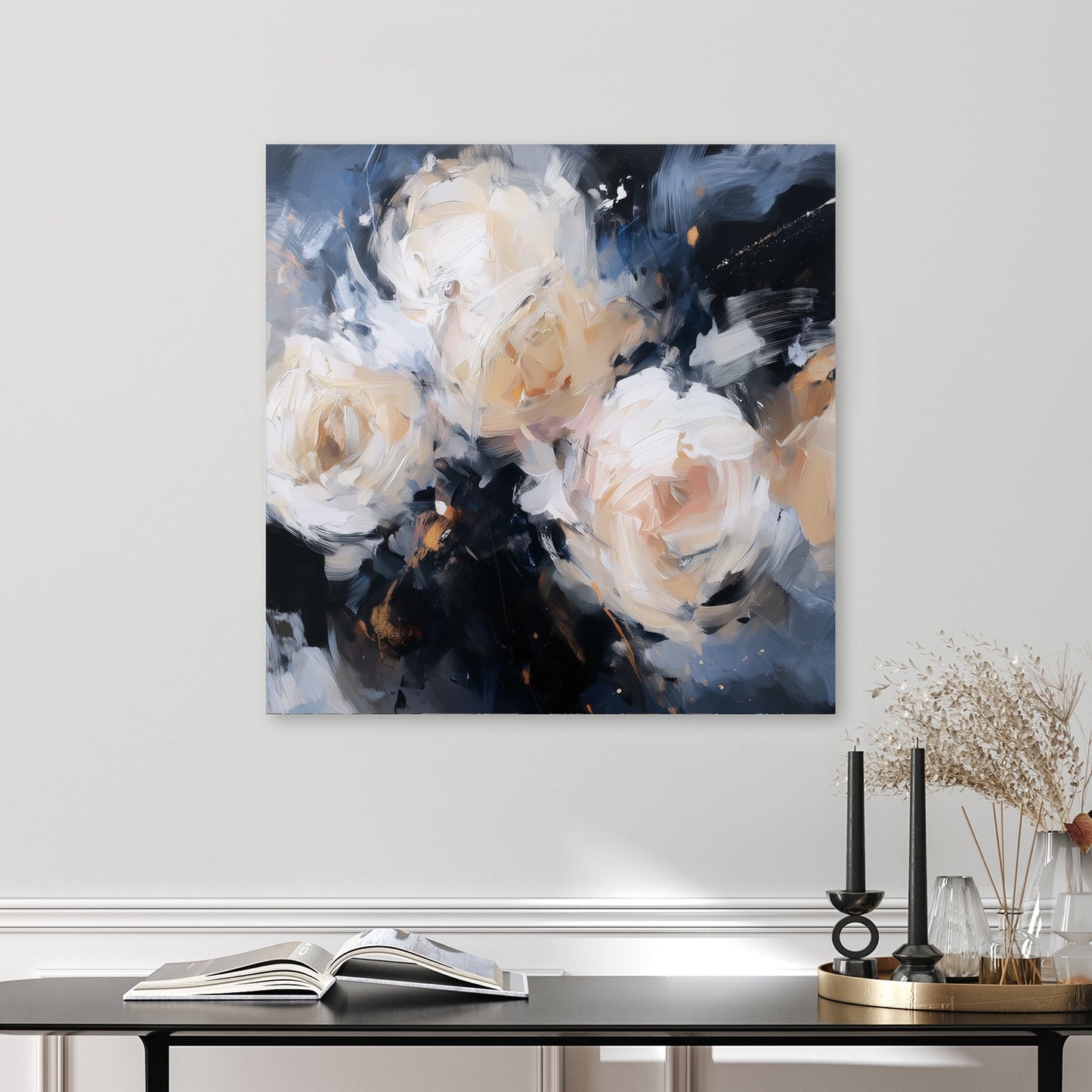 abstract floral wall art with cream roses on a dark navy background