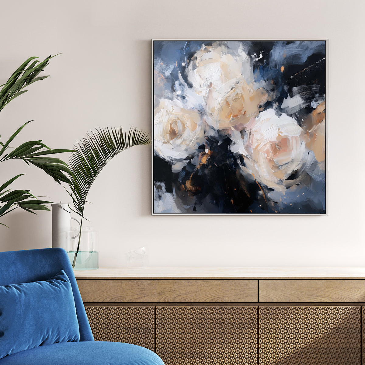 abstract floral wall art with cream roses on a dark navy background