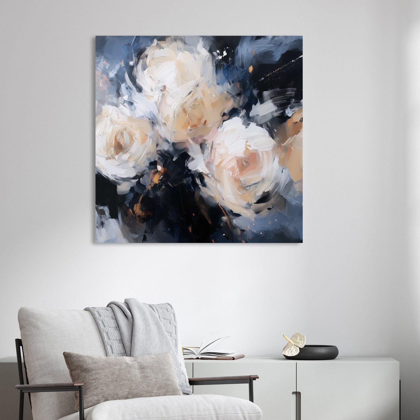 abstract floral wall art with cream roses on a dark navy background