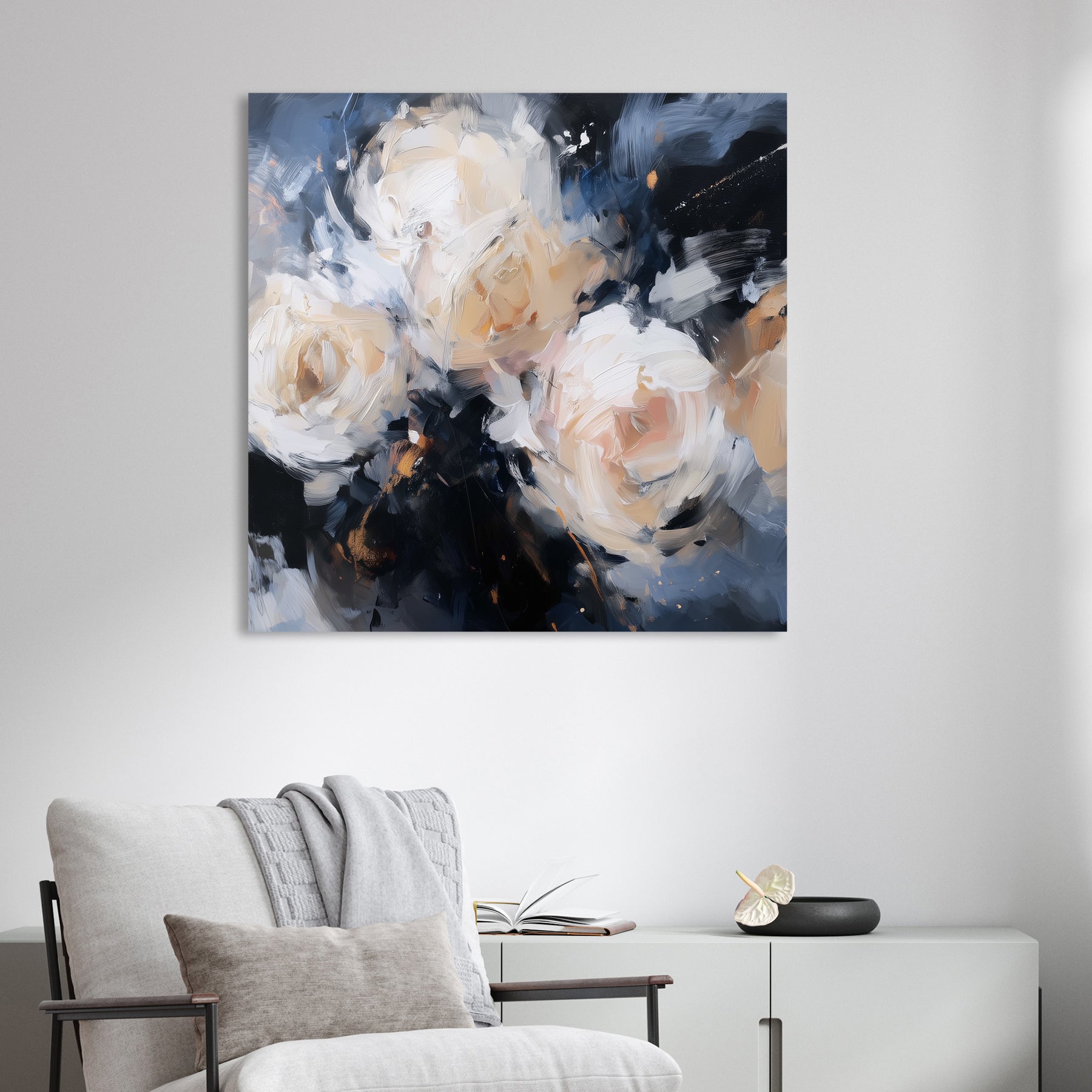 abstract floral wall art with cream roses on a dark navy background