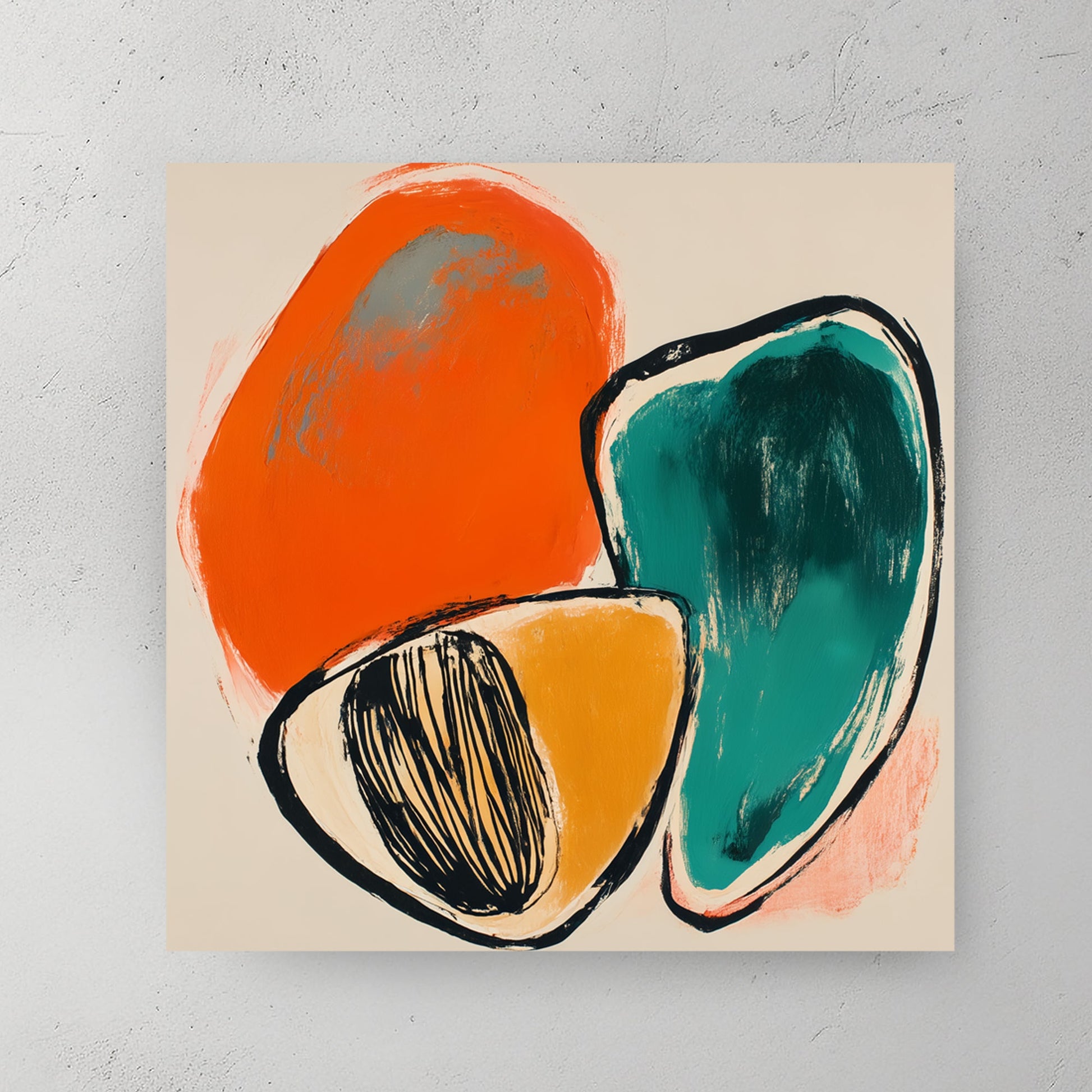 abstract retro wall art with orange, teal, and mustard shapes