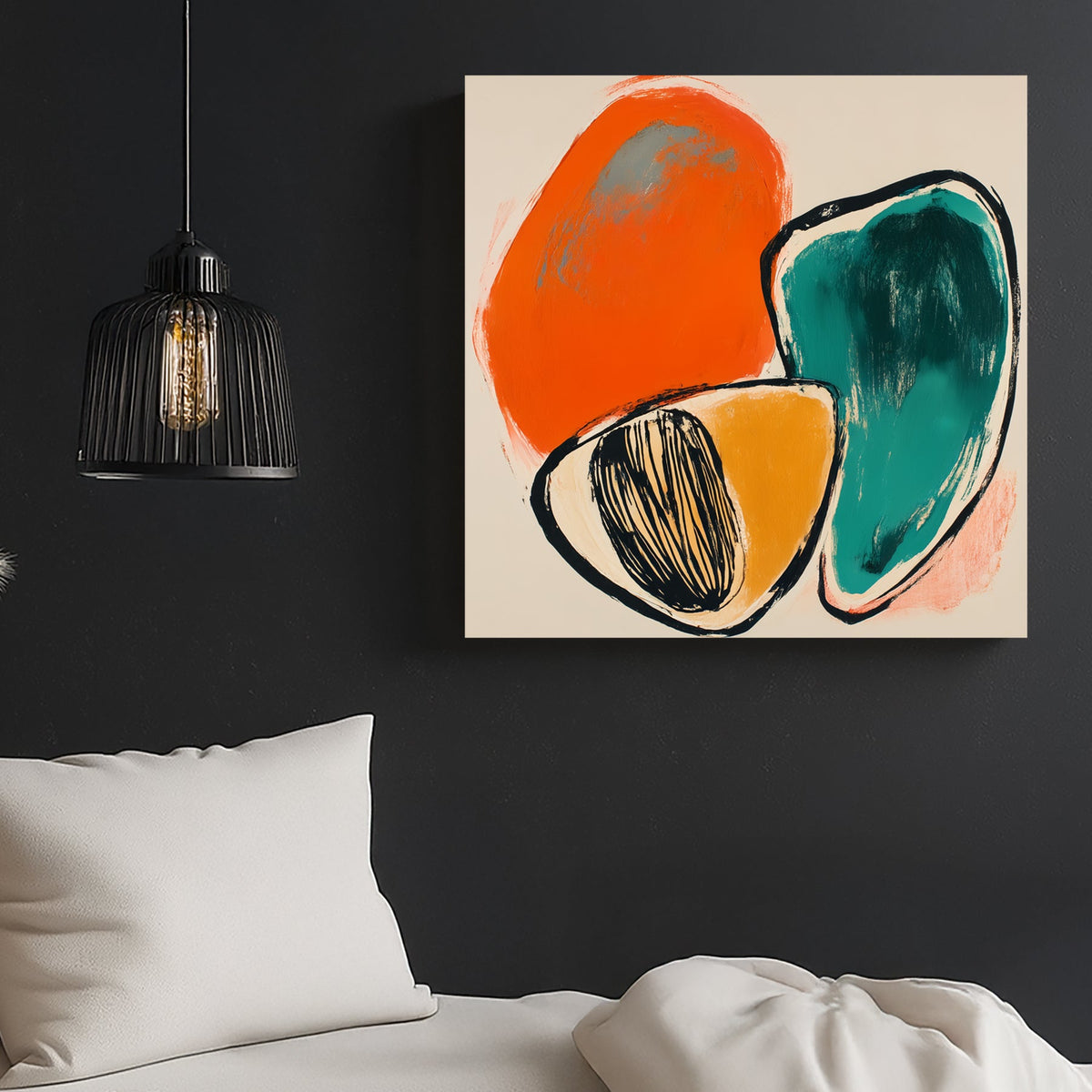 abstract retro wall art with orange, teal, and mustard shapes