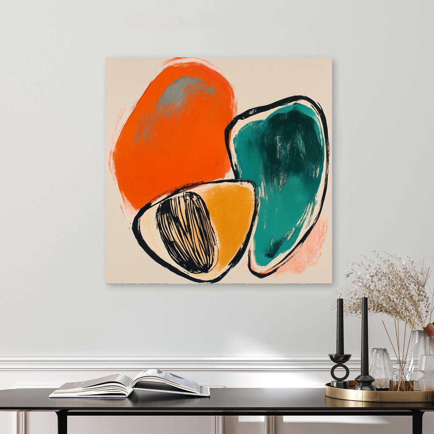 abstract retro wall art with orange, teal, and mustard shapes
