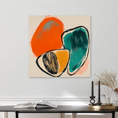 abstract retro wall art with orange, teal, and mustard shapes