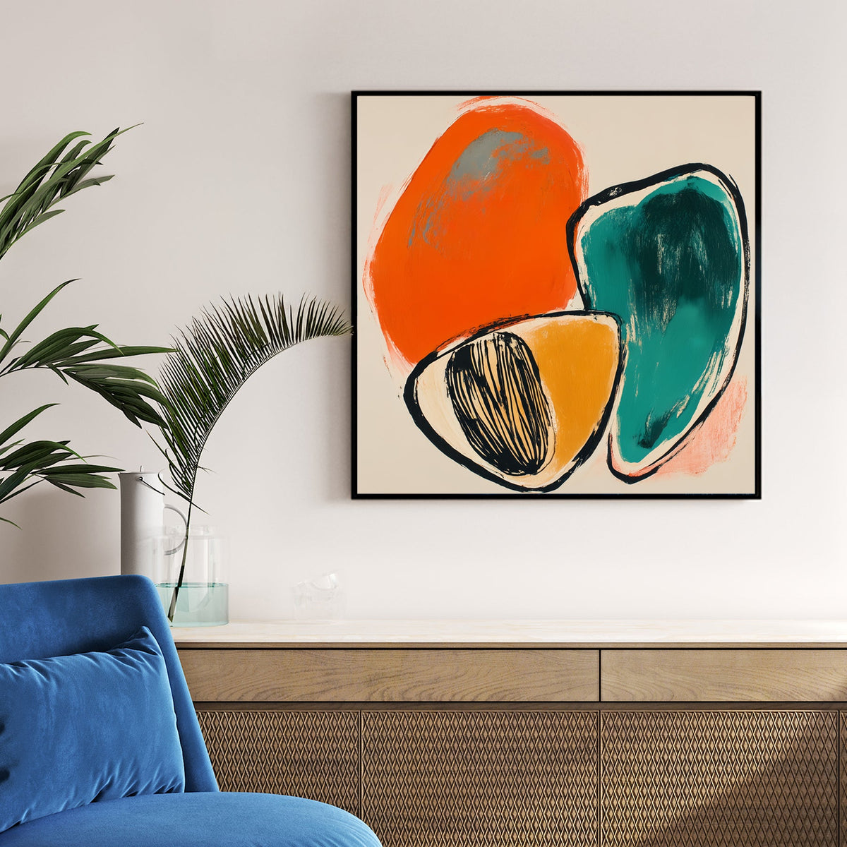 abstract retro wall art with orange, teal, and mustard shapes