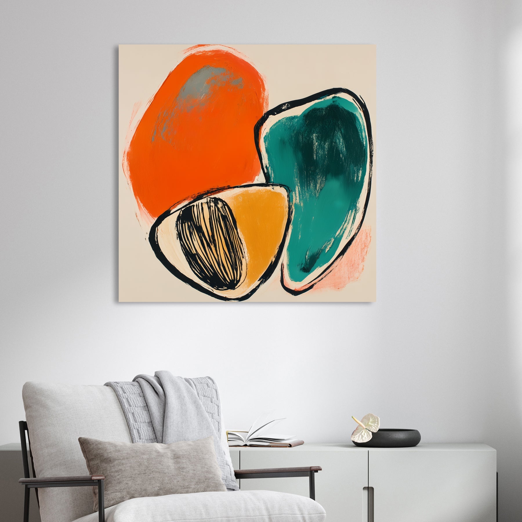 abstract retro wall art with orange, teal, and mustard shapes