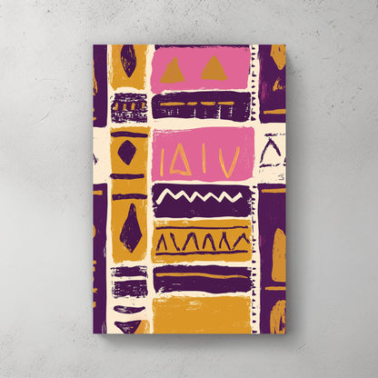 abstract tribal pattern wall art in purple and gold