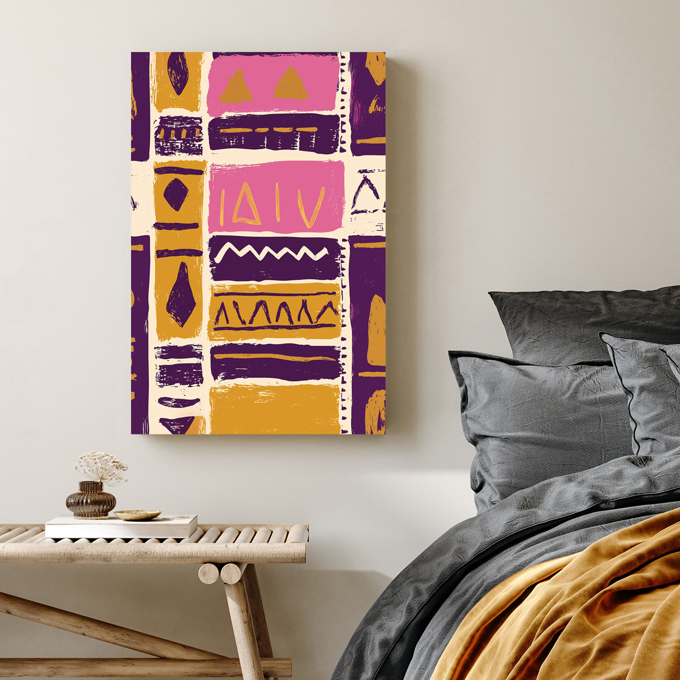 abstract tribal pattern wall art in purple and gold