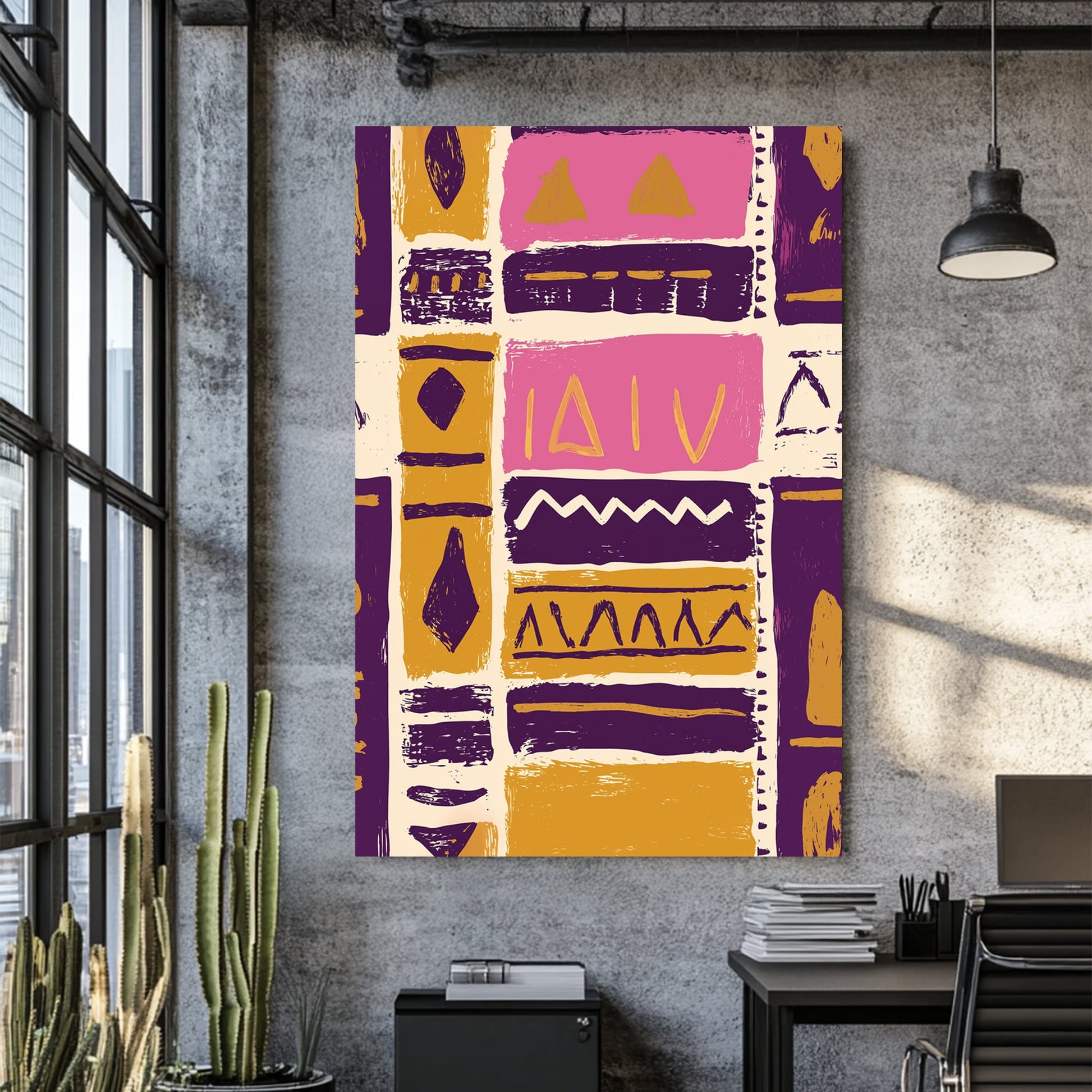 abstract tribal pattern wall art in purple and gold