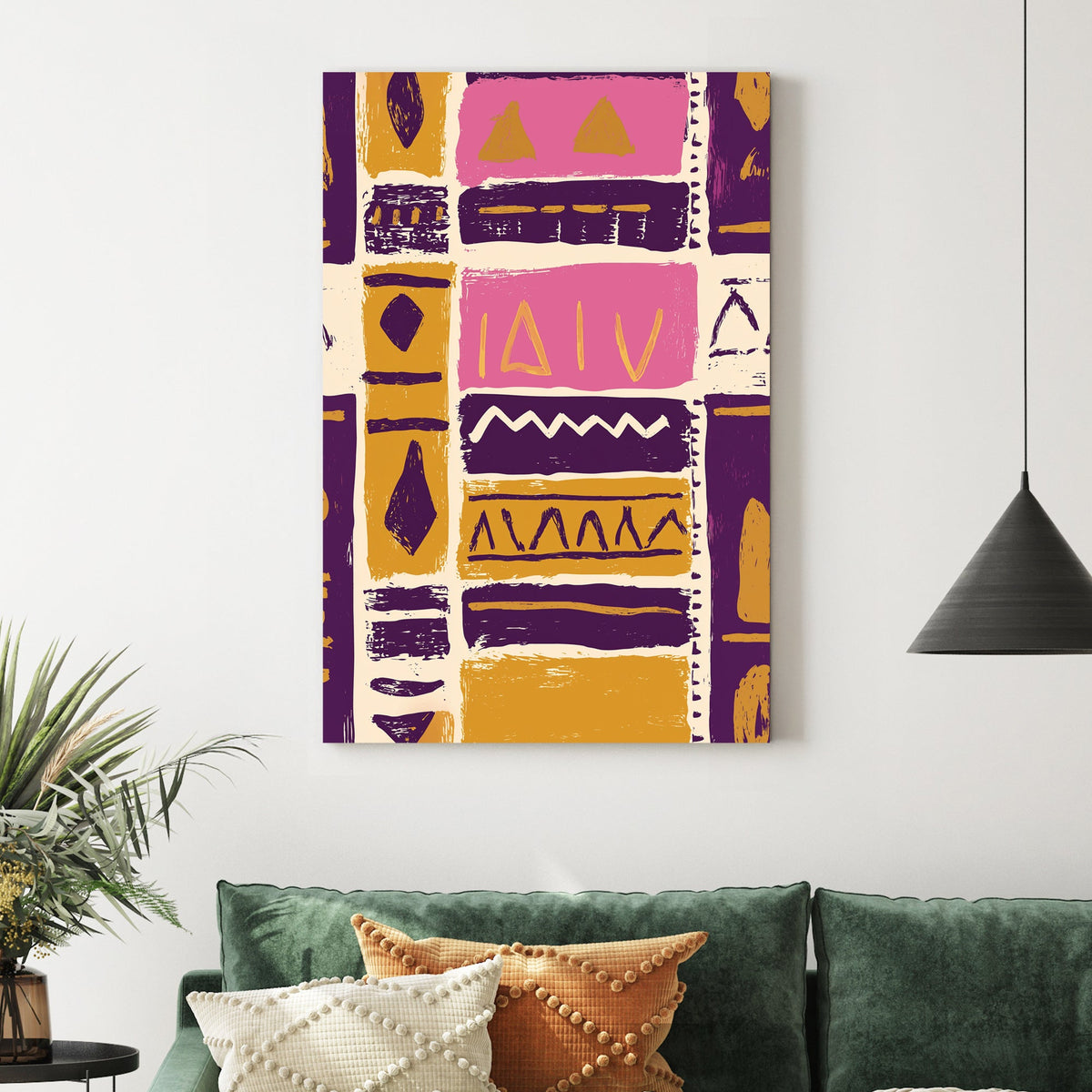 abstract tribal pattern wall art in purple and gold