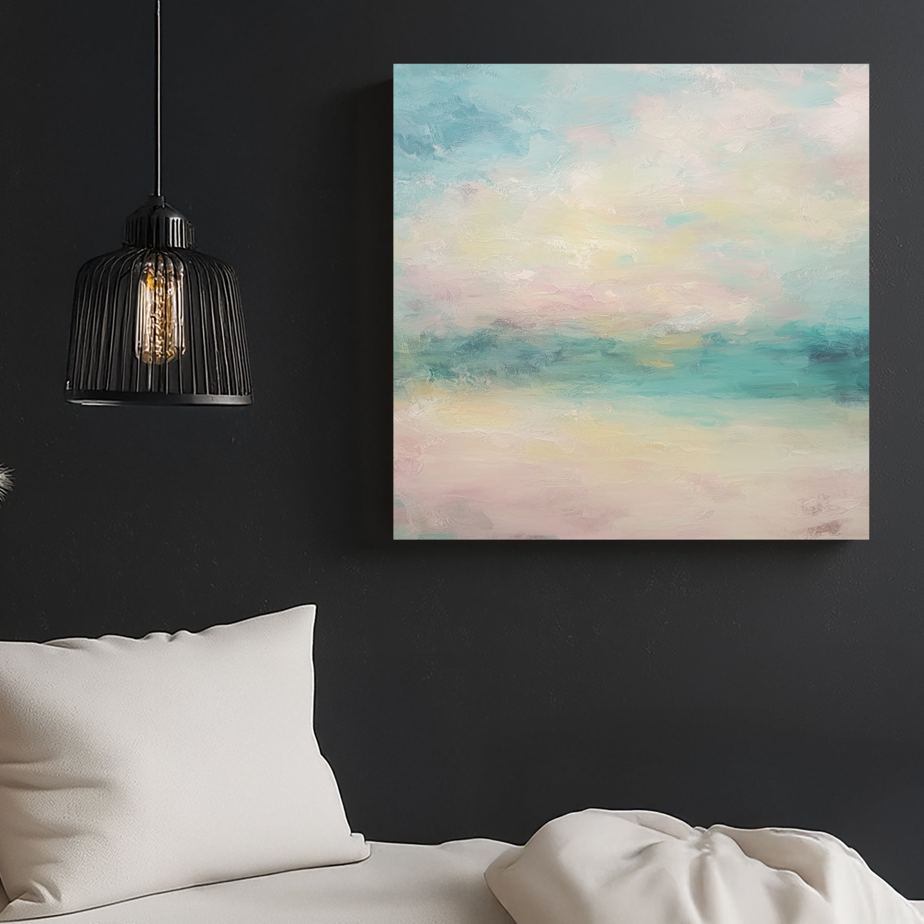 pastel abstract landscape wall art in pink and aqua tones