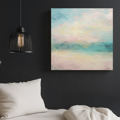 pastel abstract landscape wall art in pink and aqua tones