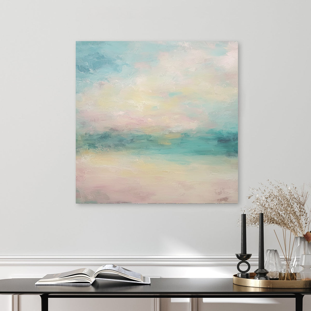 pastel abstract landscape wall art in pink and aqua tones