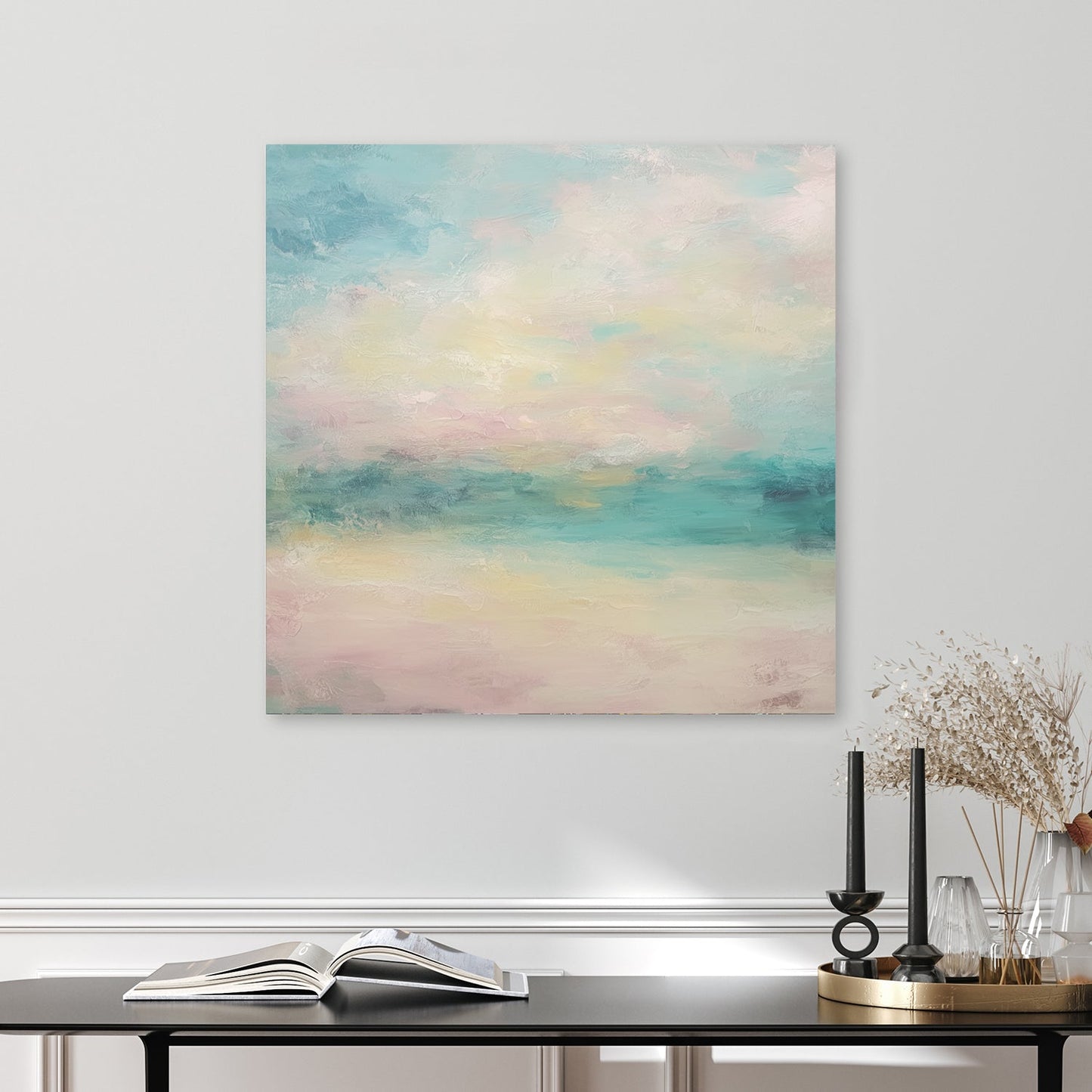 pastel abstract landscape wall art in pink and aqua tones