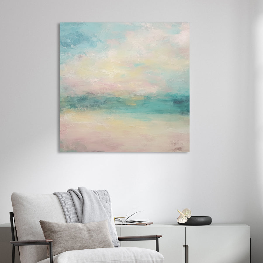pastel abstract landscape wall art in pink and aqua tones