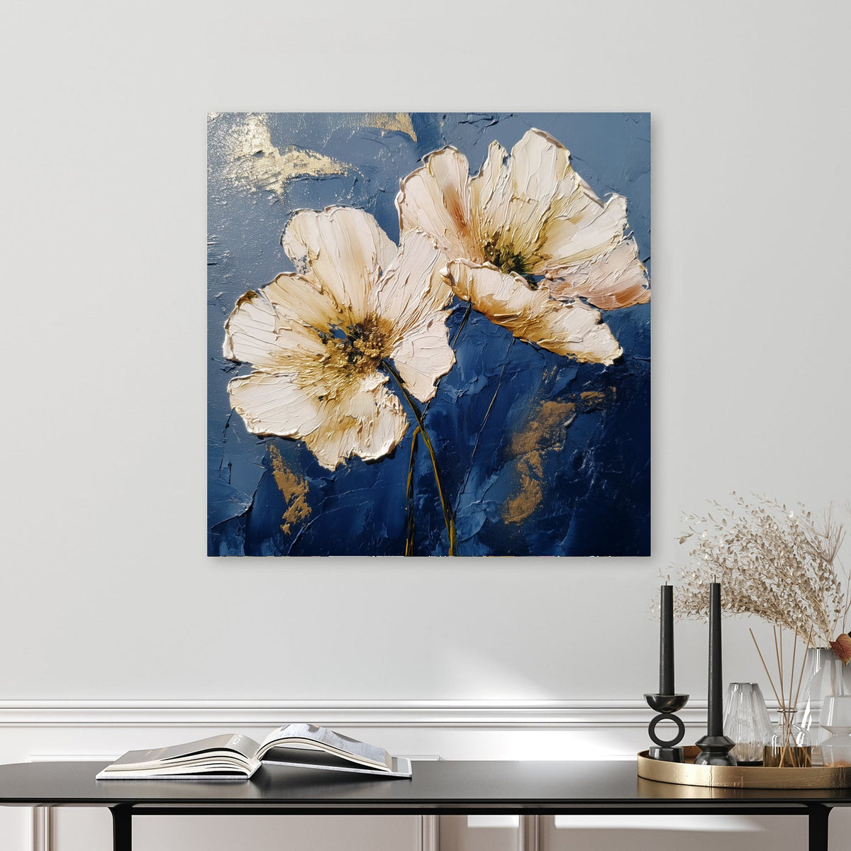 floral wall art with navy background