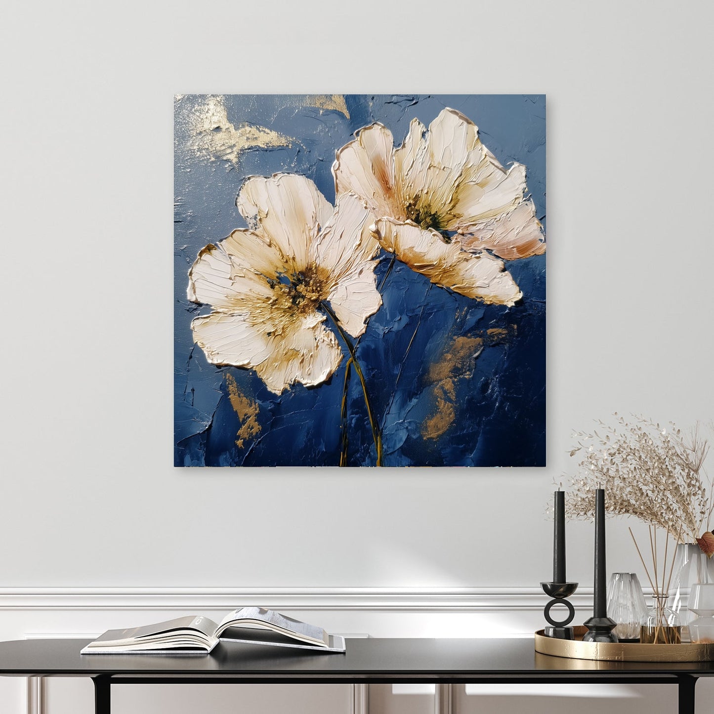 floral wall art with navy background