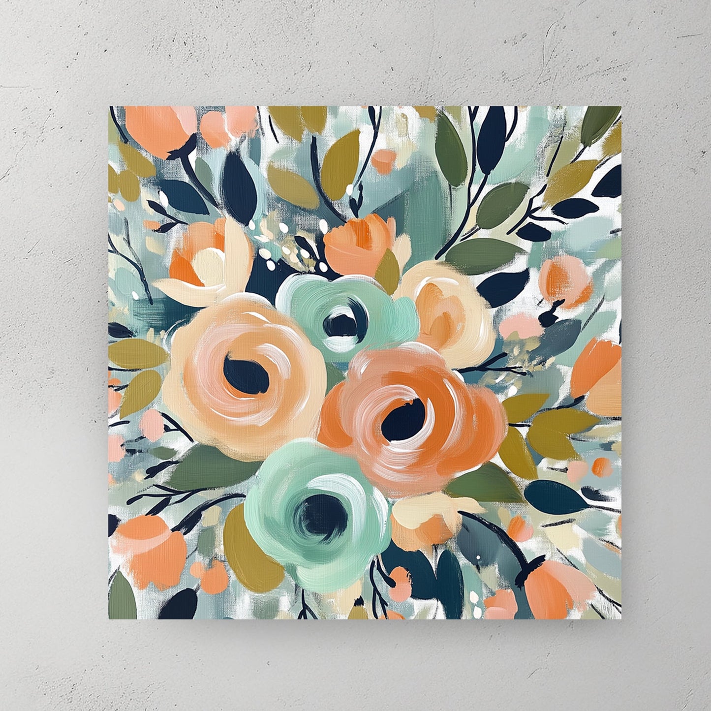 colourful floral bouquet wall art with mint and coral tones