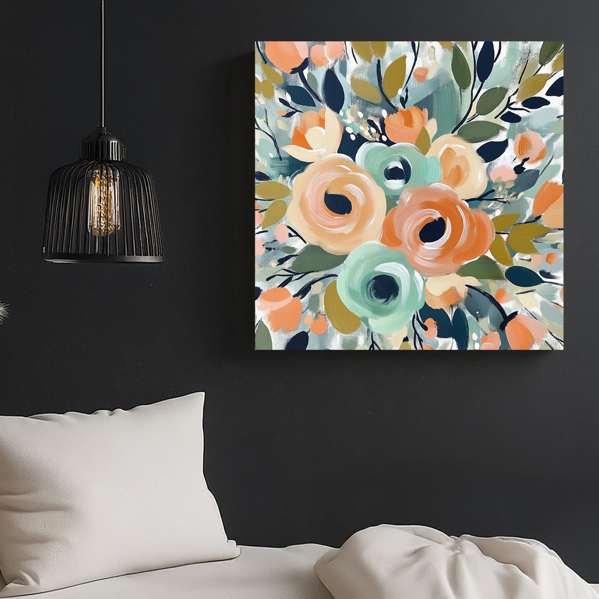colourful floral bouquet wall art with mint and coral tones