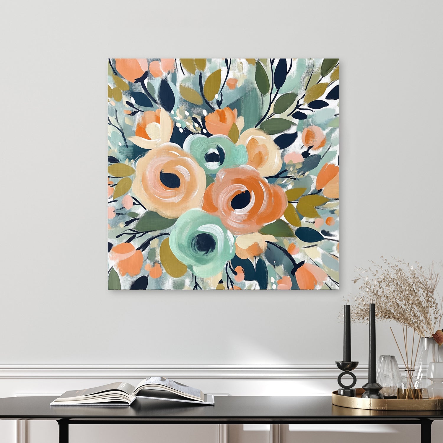 colourful floral bouquet wall art with mint and coral tones