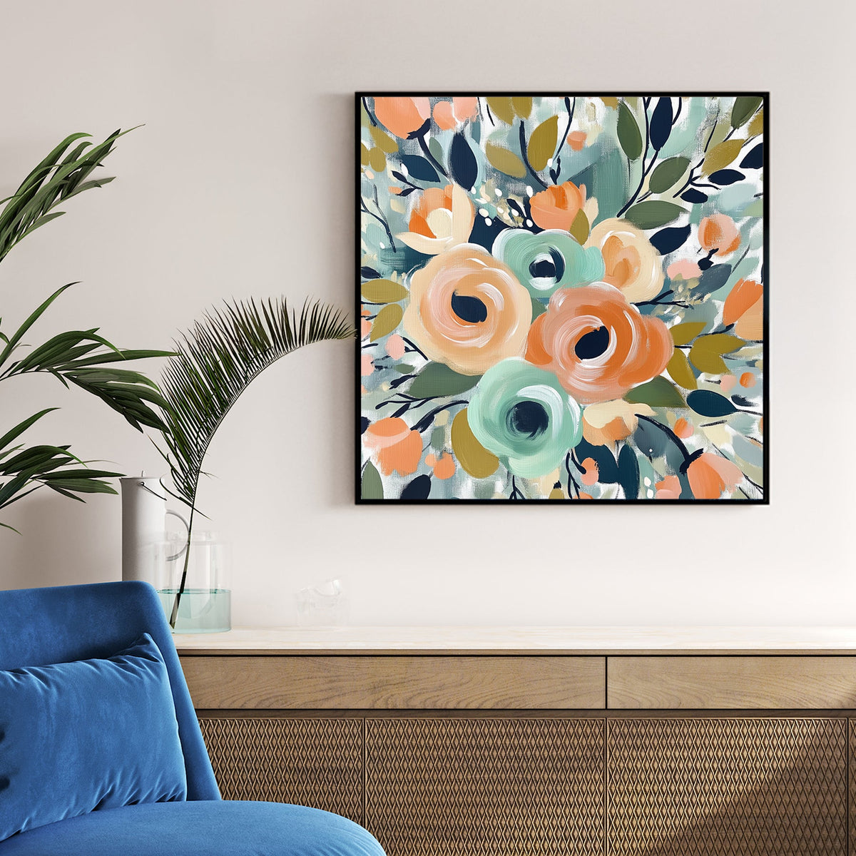 colourful floral bouquet wall art with mint and coral tones