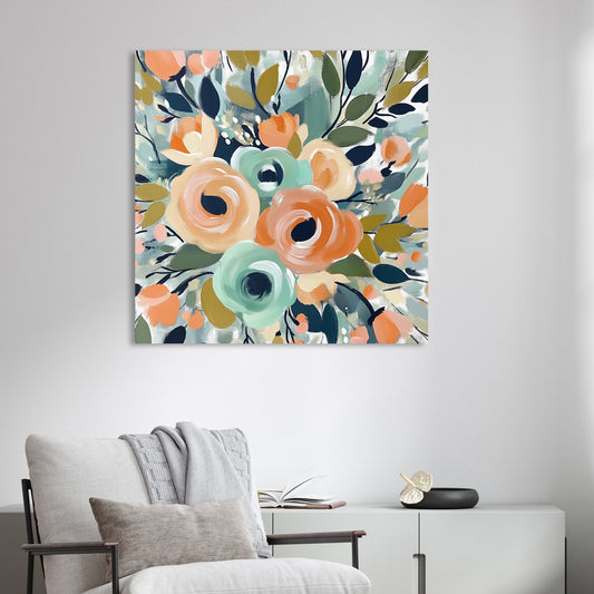 colourful floral bouquet wall art with mint and coral tones