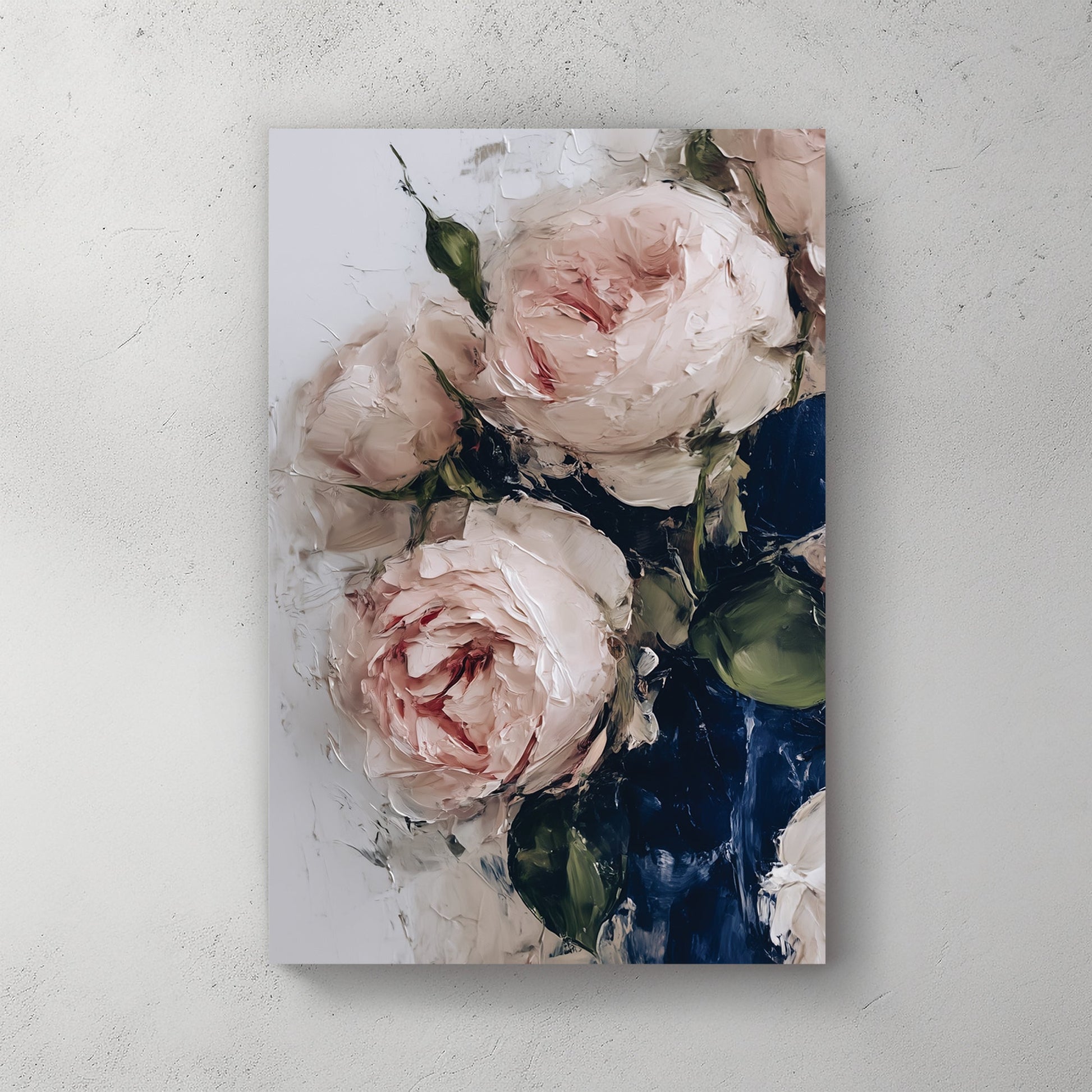 blush pink roses in blue vase wall art