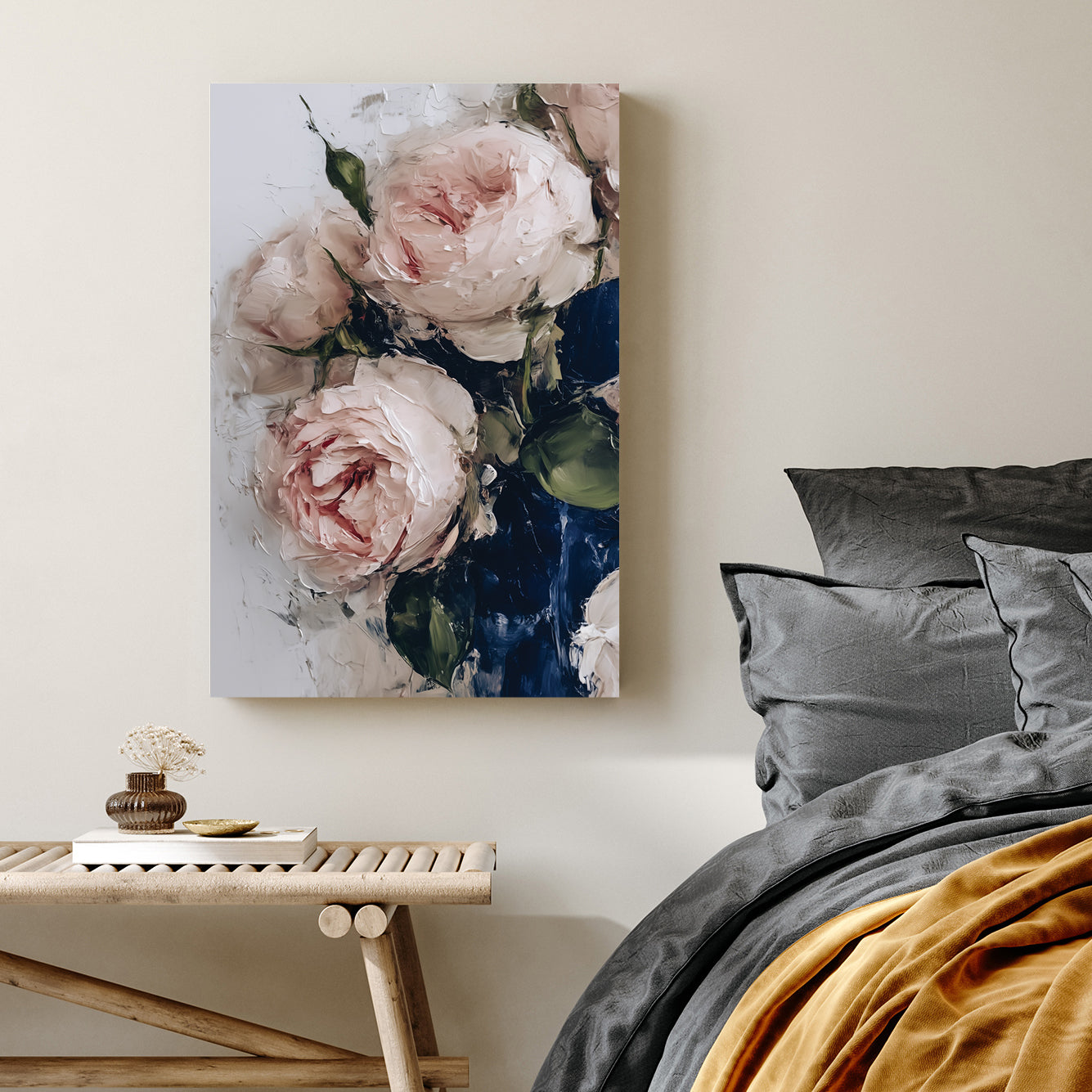 blush pink roses in blue vase wall art
