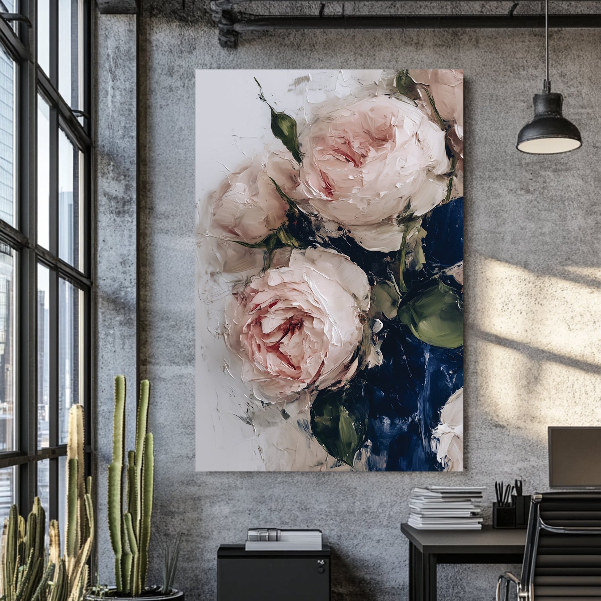 blush pink roses in blue vase wall art