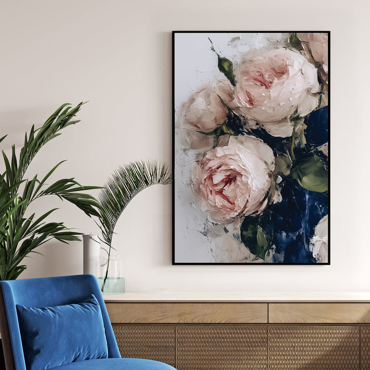 blush pink roses in blue vase wall art