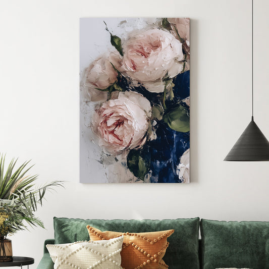 blush pink roses in blue vase wall art