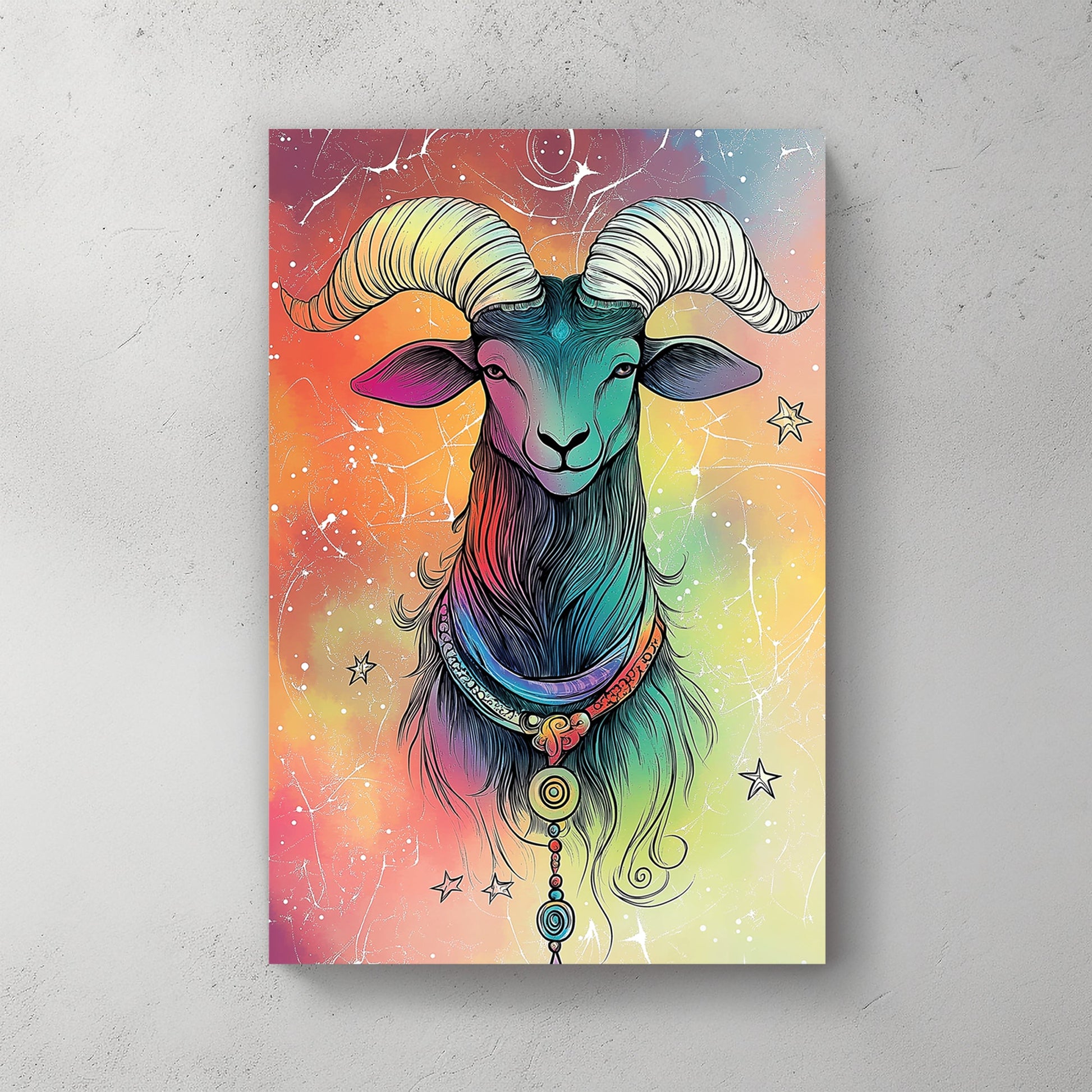 colourful Aries zodiac ram wall art with cosmic background