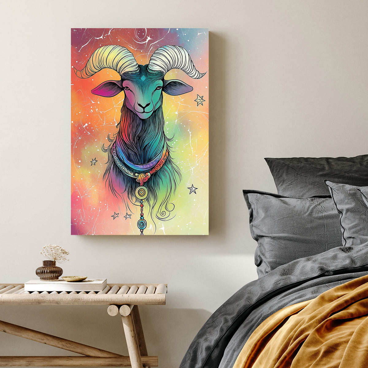 colourful Aries zodiac ram wall art with cosmic background