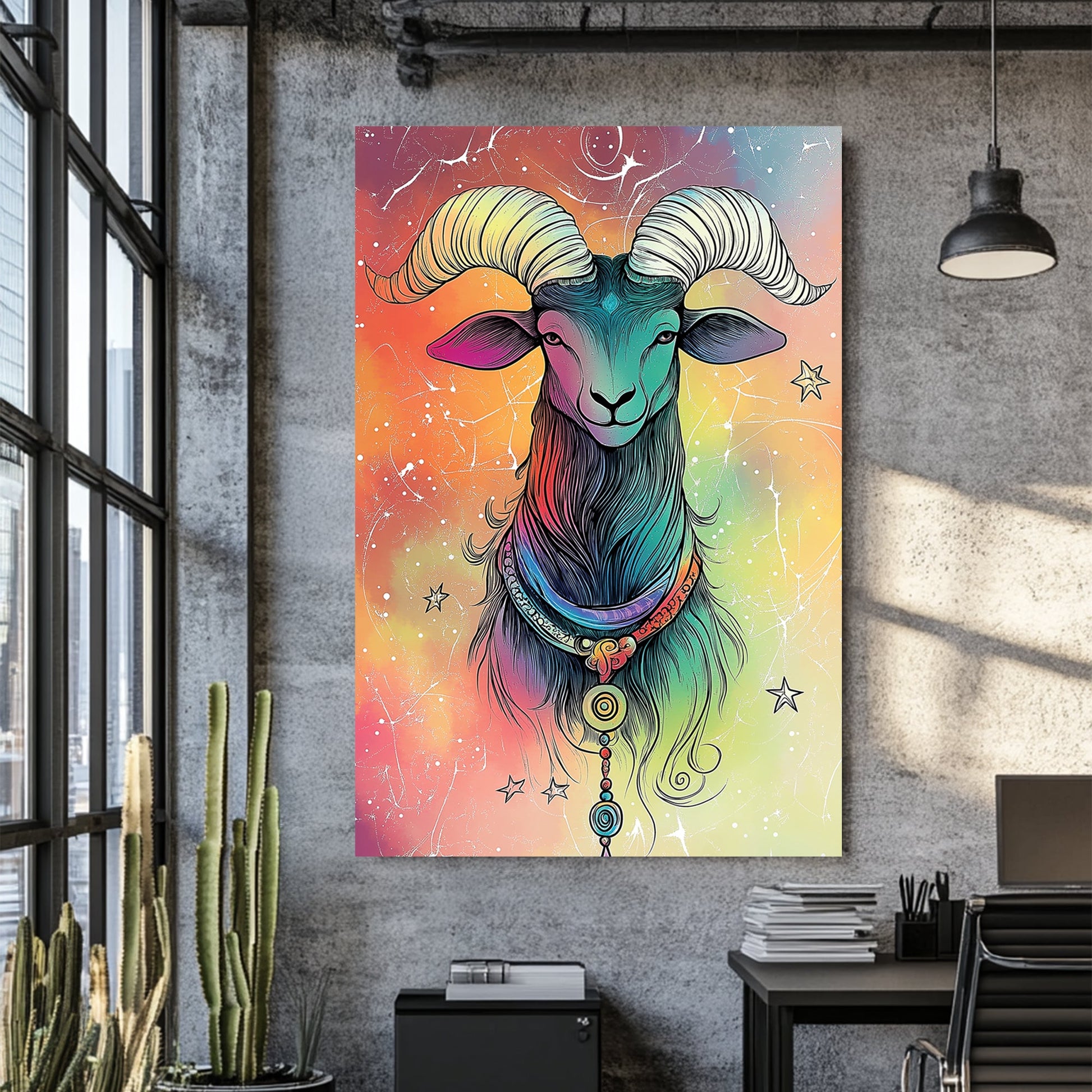 colourful Aries zodiac ram wall art with cosmic background