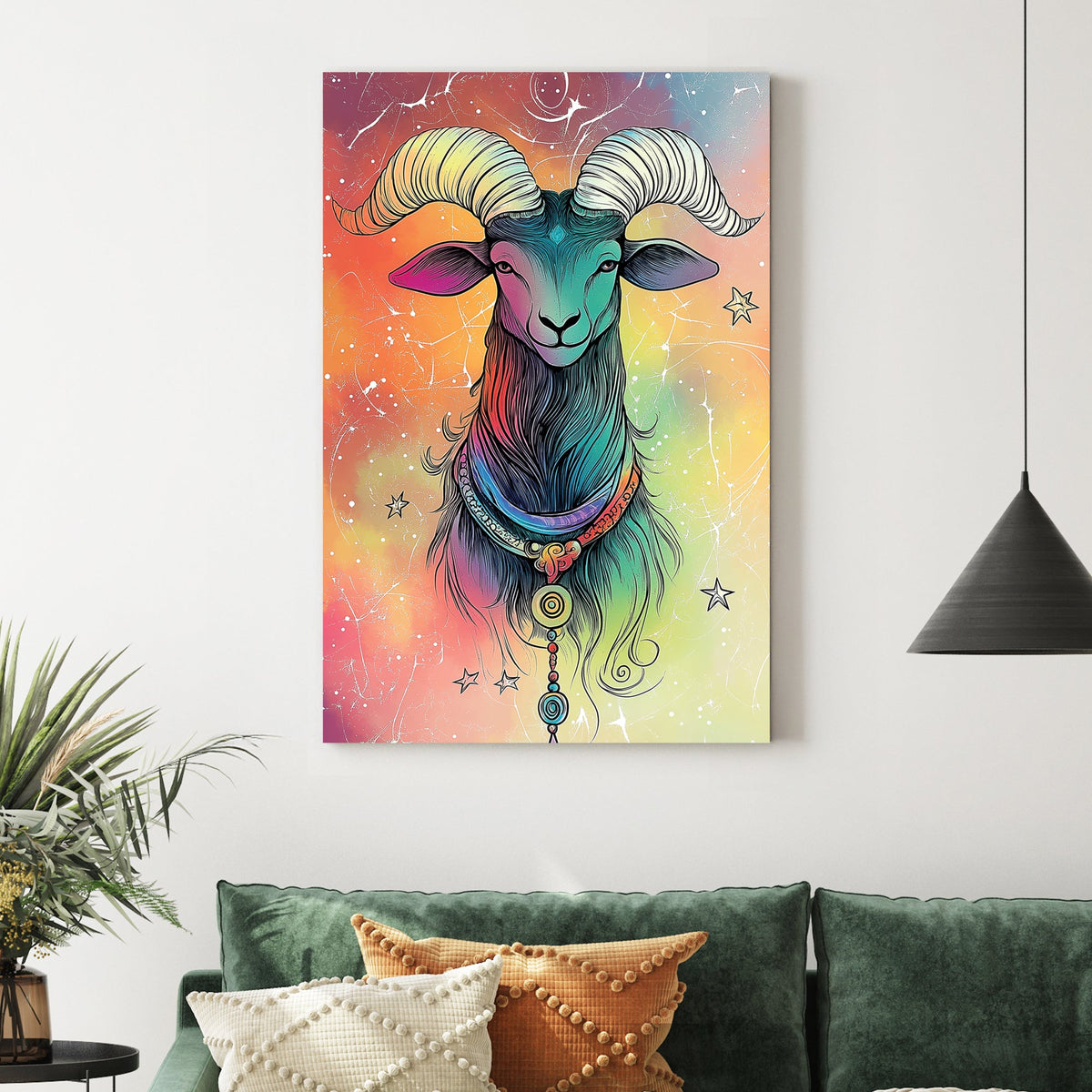 colourful Aries zodiac ram wall art with cosmic background