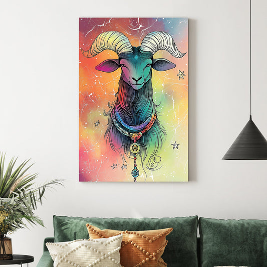 colourful Aries zodiac ram wall art with cosmic background