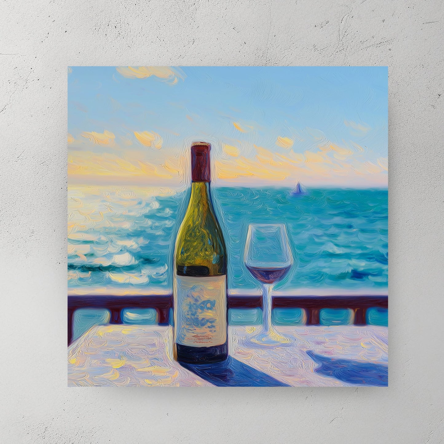 wine bottle and glass seaside sunset wall art