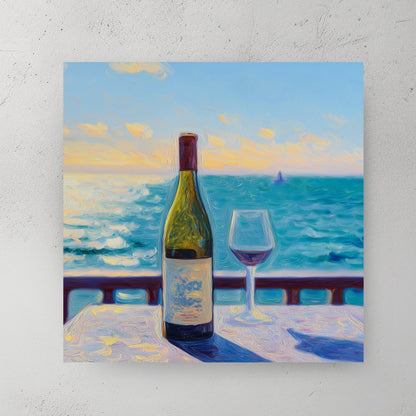 wine bottle and glass seaside sunset wall art
