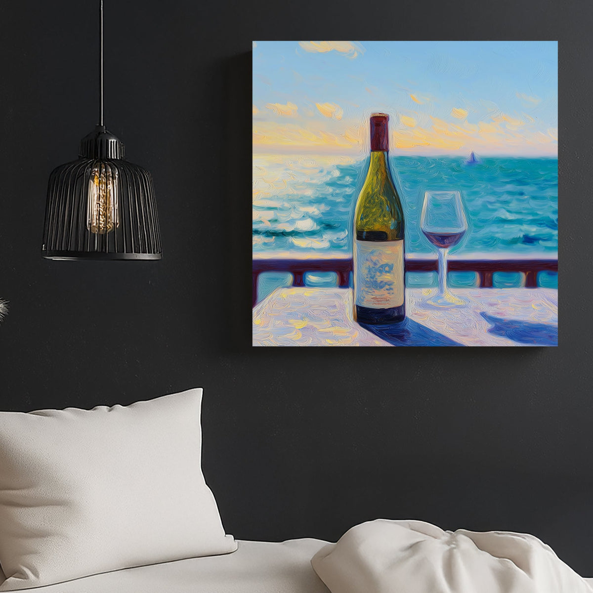 wine bottle and glass seaside sunset wall art