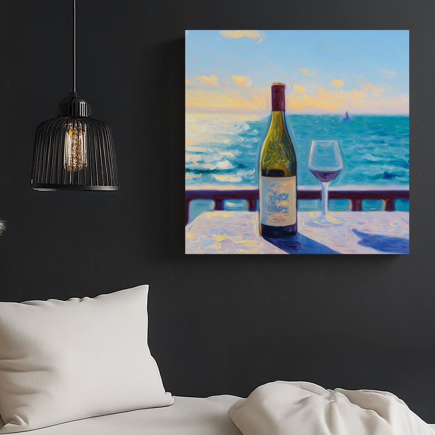 wine bottle and glass seaside sunset wall art