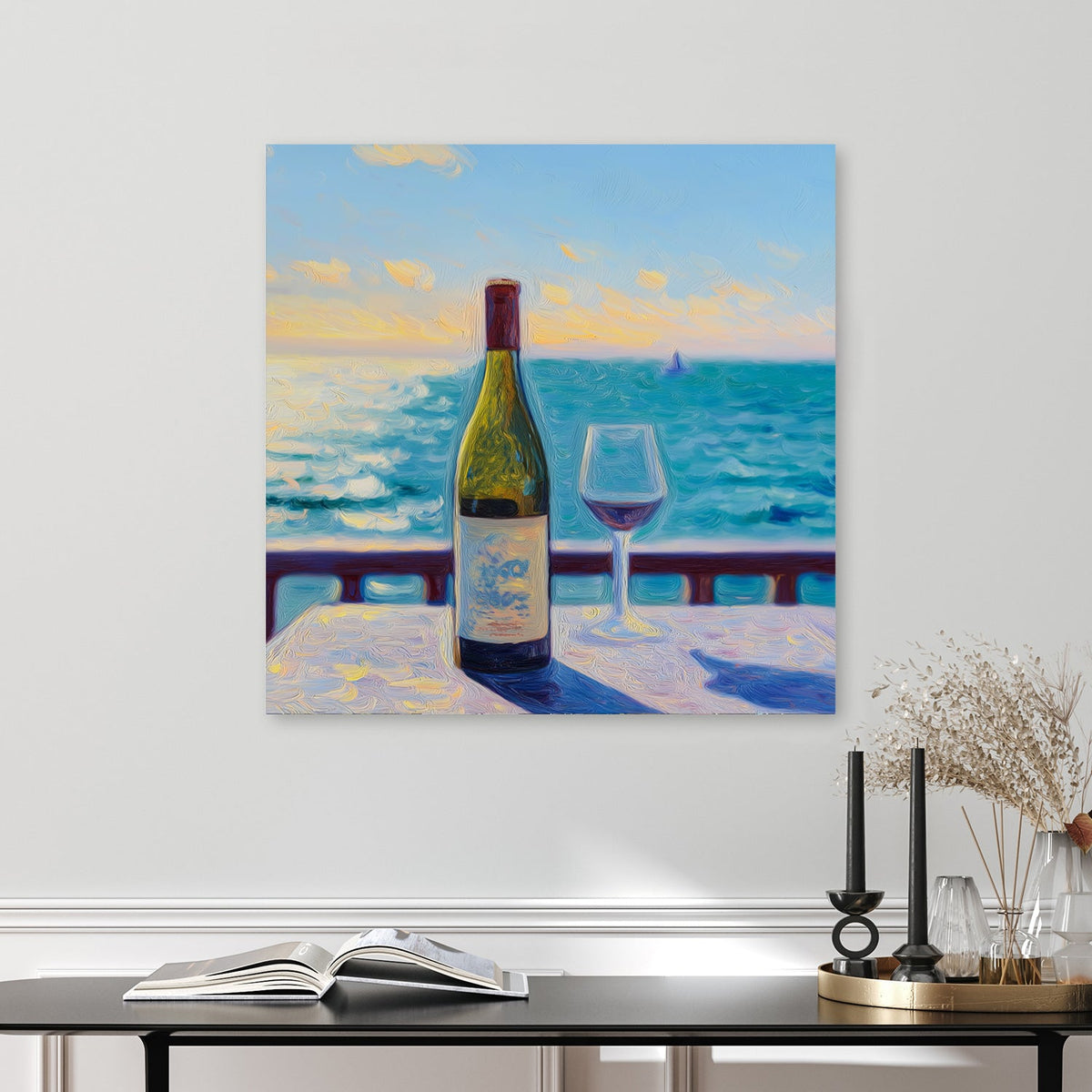 wine bottle and glass seaside sunset wall art