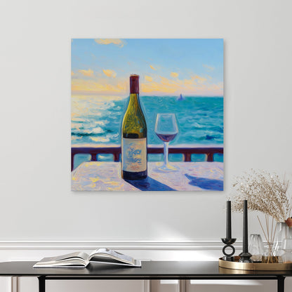 wine bottle and glass seaside sunset wall art