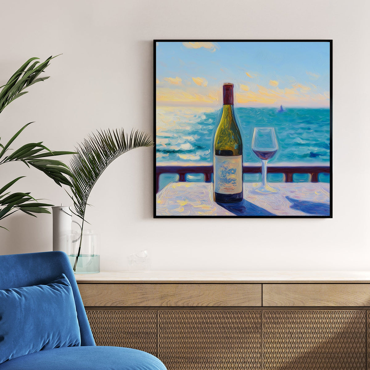 wine bottle and glass seaside sunset wall art