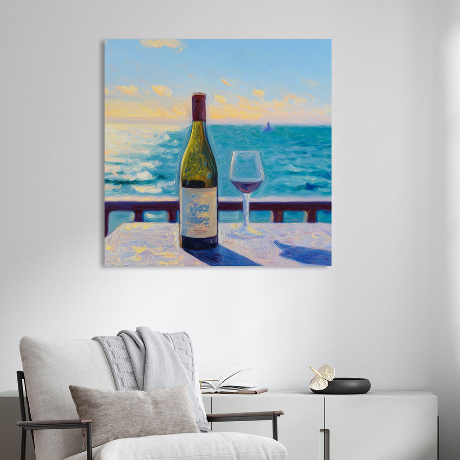wine bottle and glass seaside sunset wall art