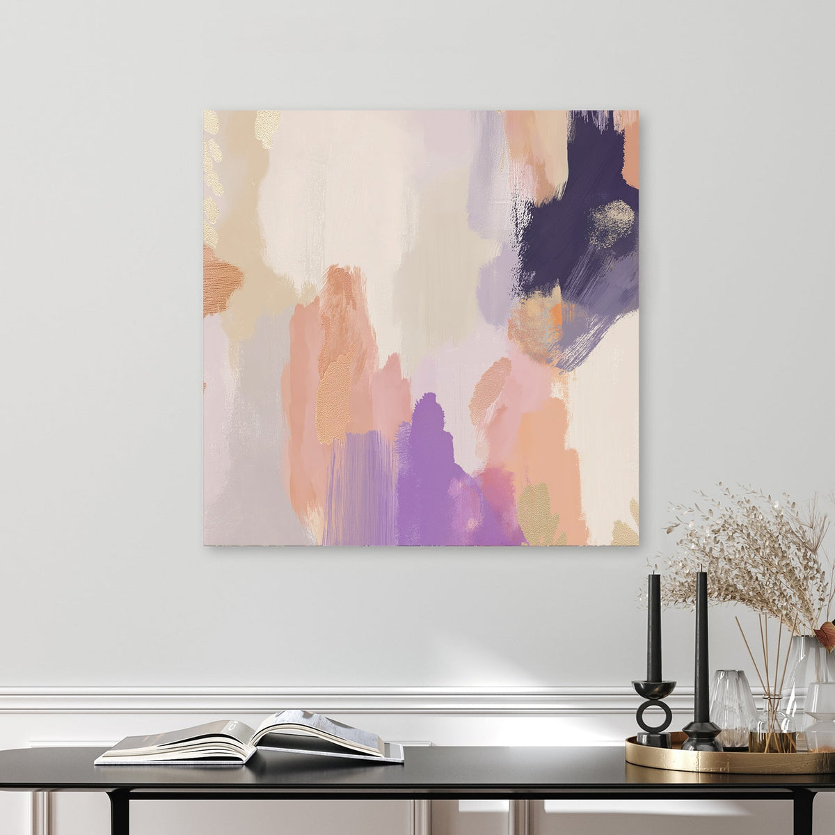 abstract pastel brushstrokes wall art in blush and lilac tones
