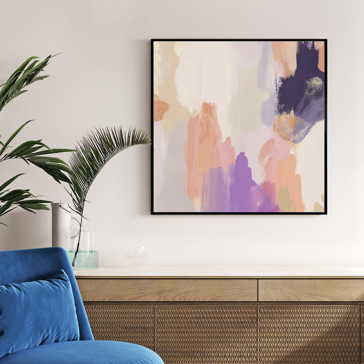 abstract pastel brushstrokes wall art in blush and lilac tones