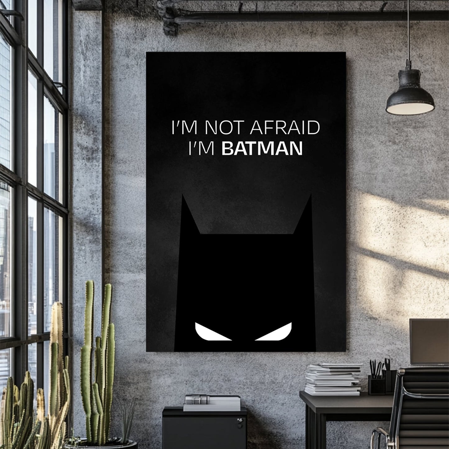 Bold Batman silhouette wall art with “I’m Not Afraid I’m Batman” quote